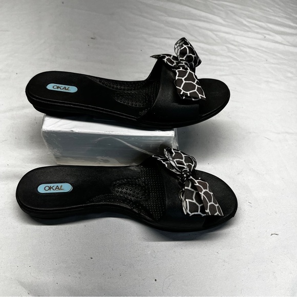 OKAB WOMENS MADISON SLIDE SANDAL black with leopard Bows size medium - Picture 2 of 9